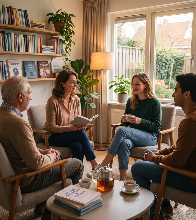 Een groepje mensen in gesprek in een huiselijke ruimte.